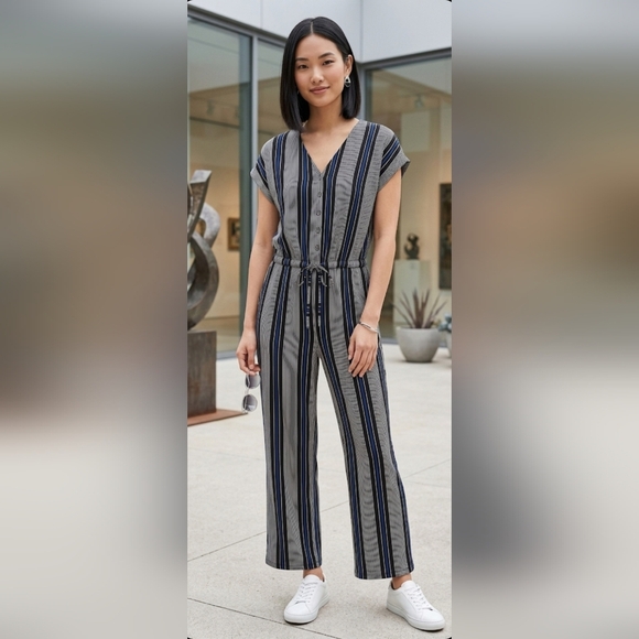Lily Morgan Pants - Lily Morgan Striped Jumpsuit Wide Leg V-Neck Blue Black White size:L